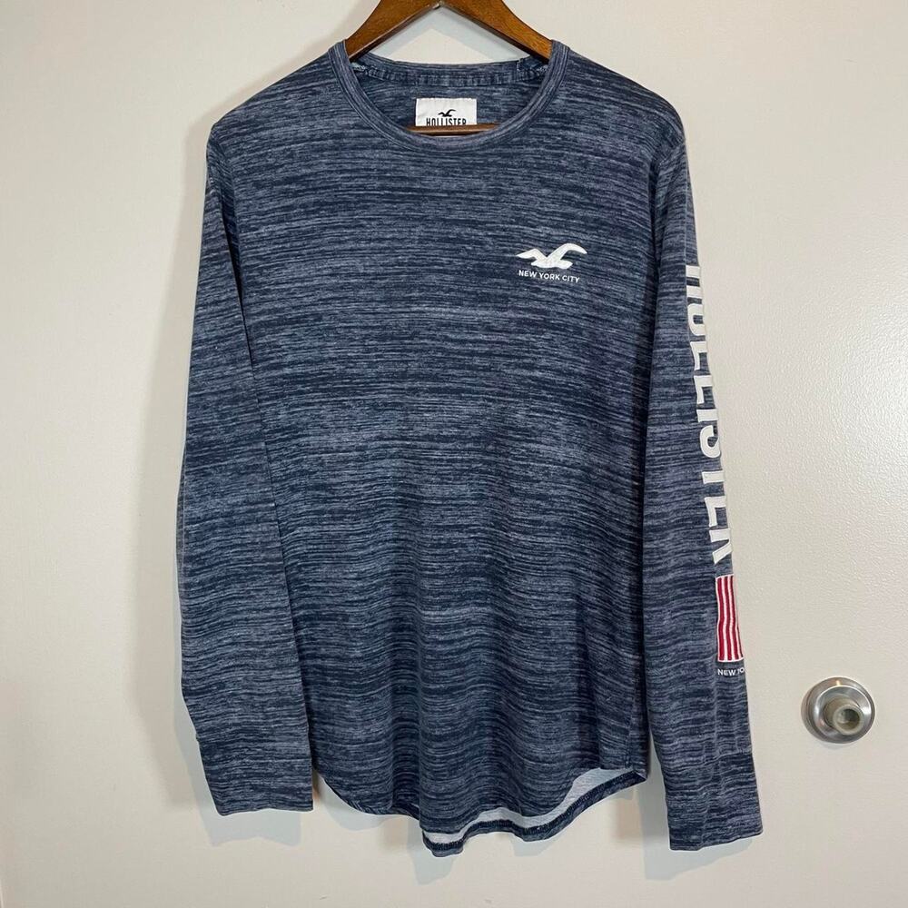 Hollister New York City Medium Cotton Heather Blue Men Long Sleeve Shirt